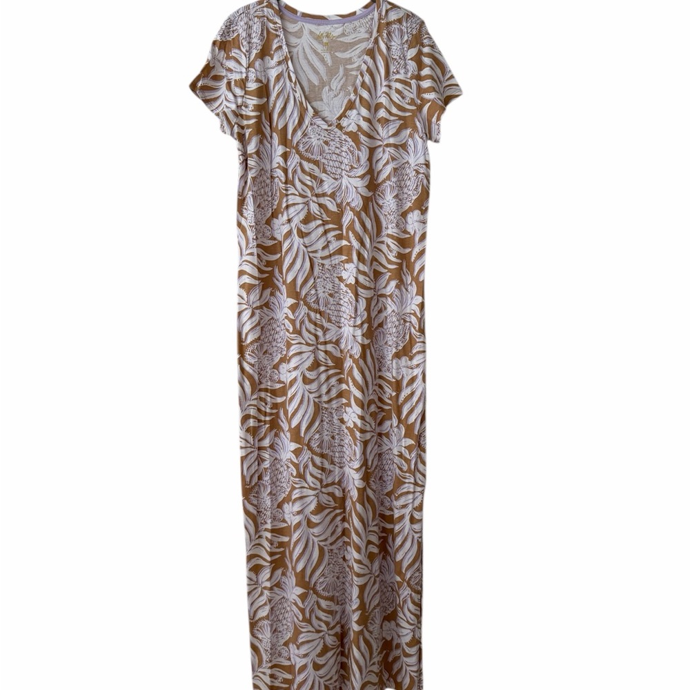 Lilly Pulitzer Tan and White Floral Etta short sleeve Maxi Dress